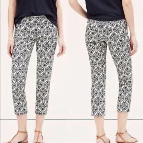 LOFT Like New Cream and Black Patterned Marisa Riviera Cropped Pant - Picture 1 of 7